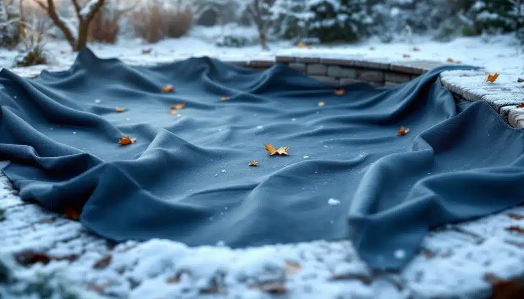 Un bassin couvert avec une bâche pour l'hiver, avec de la neige autour