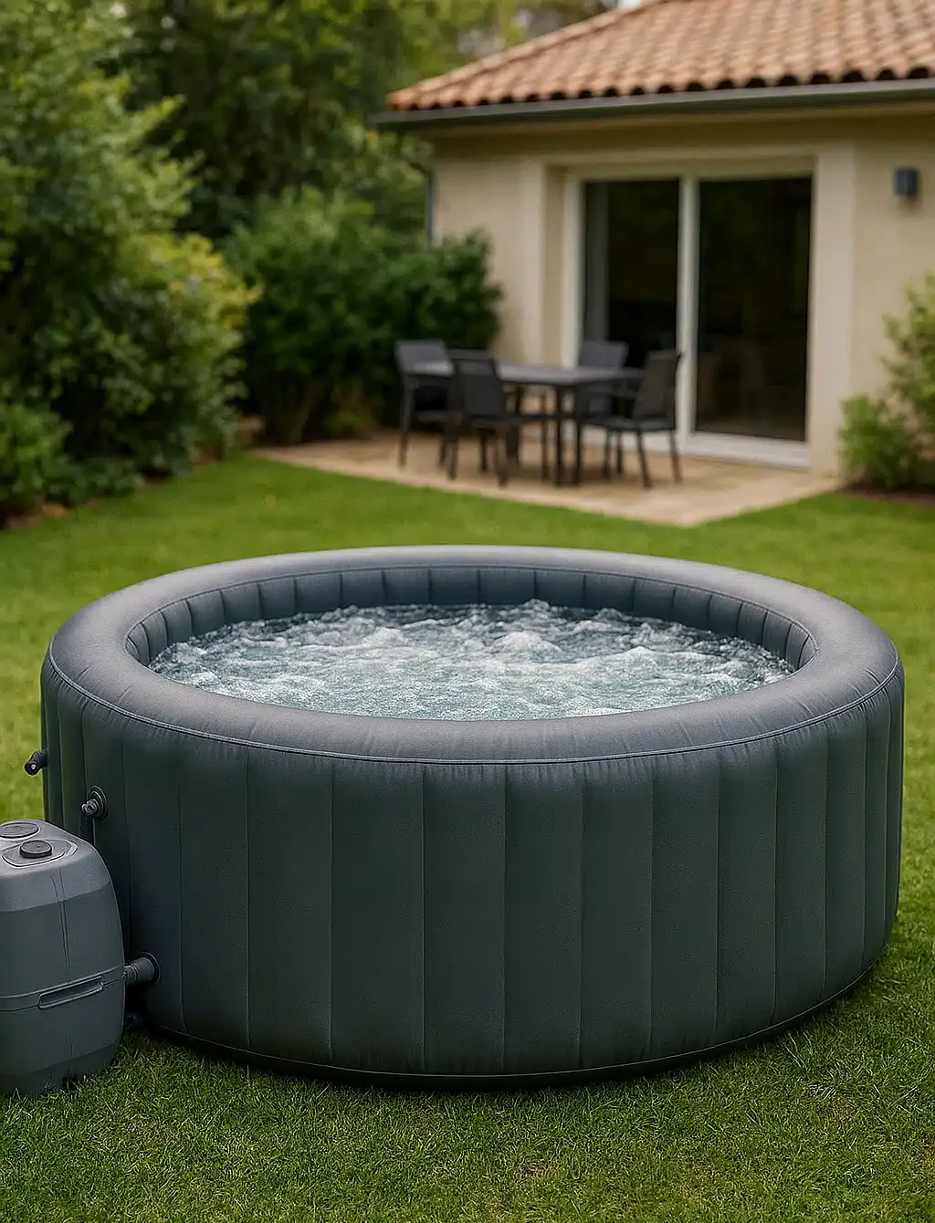 Spa gonflable rond installé dans un jardin, en fonctionnement, avec eau bouillonnante et arrière-plan de maison