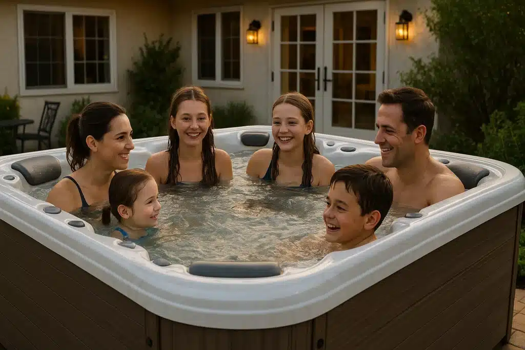 Famille nombreuse profitant d’un grand spa extérieur, idéal pour accueillir plusieurs personnes