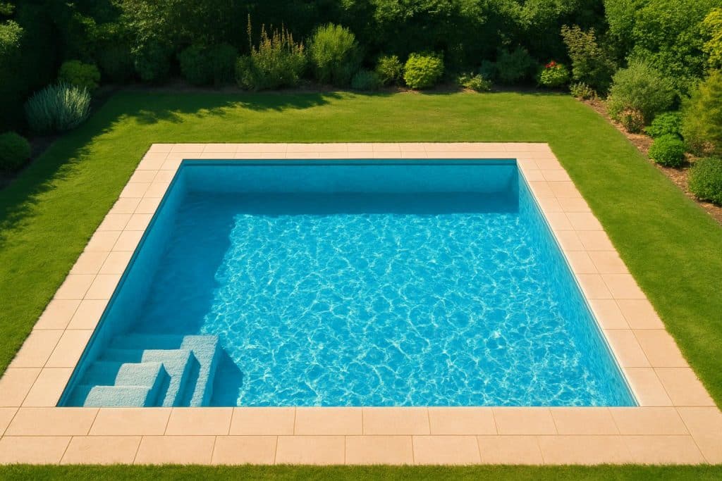 Une piscine vue du ciel, dans laquelle une fuite est présente et doit être trouvée