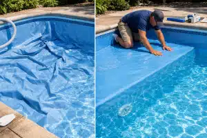 Liner de piscine froissé et gondolé nécessitant un lissage ou remplacement pour réparation étanche