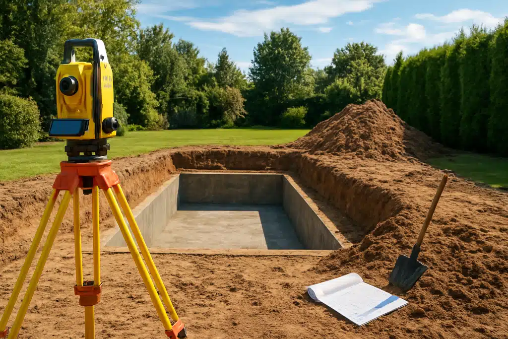 Relevé topographique de terrain pour construction de piscine avec points de mesure et nivellement