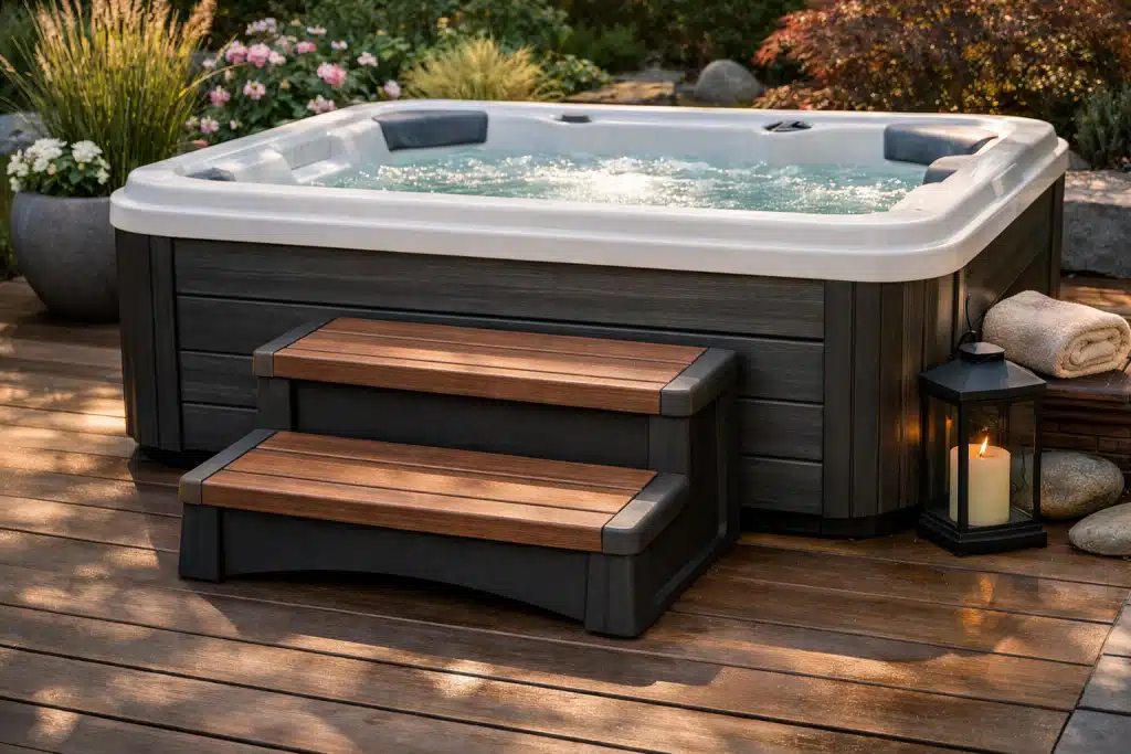 Escalier d'accès sécurisé pour spa avec marches antidérapantes et rampe de maintien