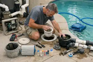 Homme réparant pompe de piscine près du bassin