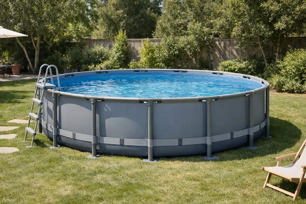 Piscine hors-sol ronde grise sur pelouse verte
