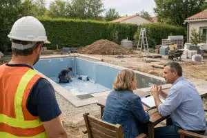 Ouvriers et clients discutant autour d'une piscine en construction