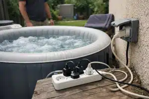 Spa gonflable bouillonnant près d'une multiprise