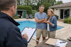 Couple discute avec homme au bloc-notes près de la piscine