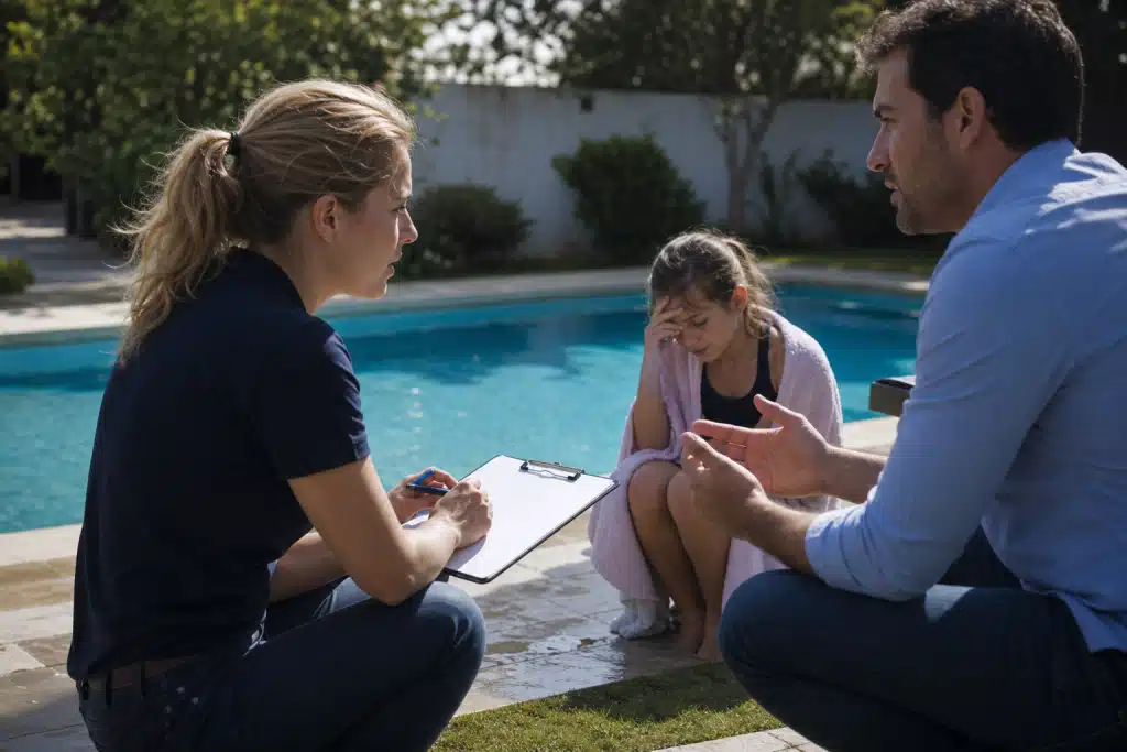 Adolescente assise au bord de la piscine, deux adultes penchés