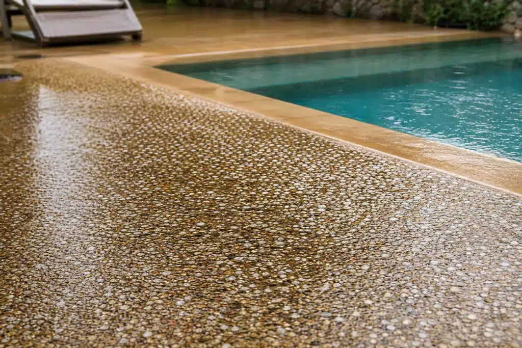 Bord de piscine en béton désactivé granuleux